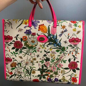 Authentic Large Gucci Flora Tote with Pink Handles